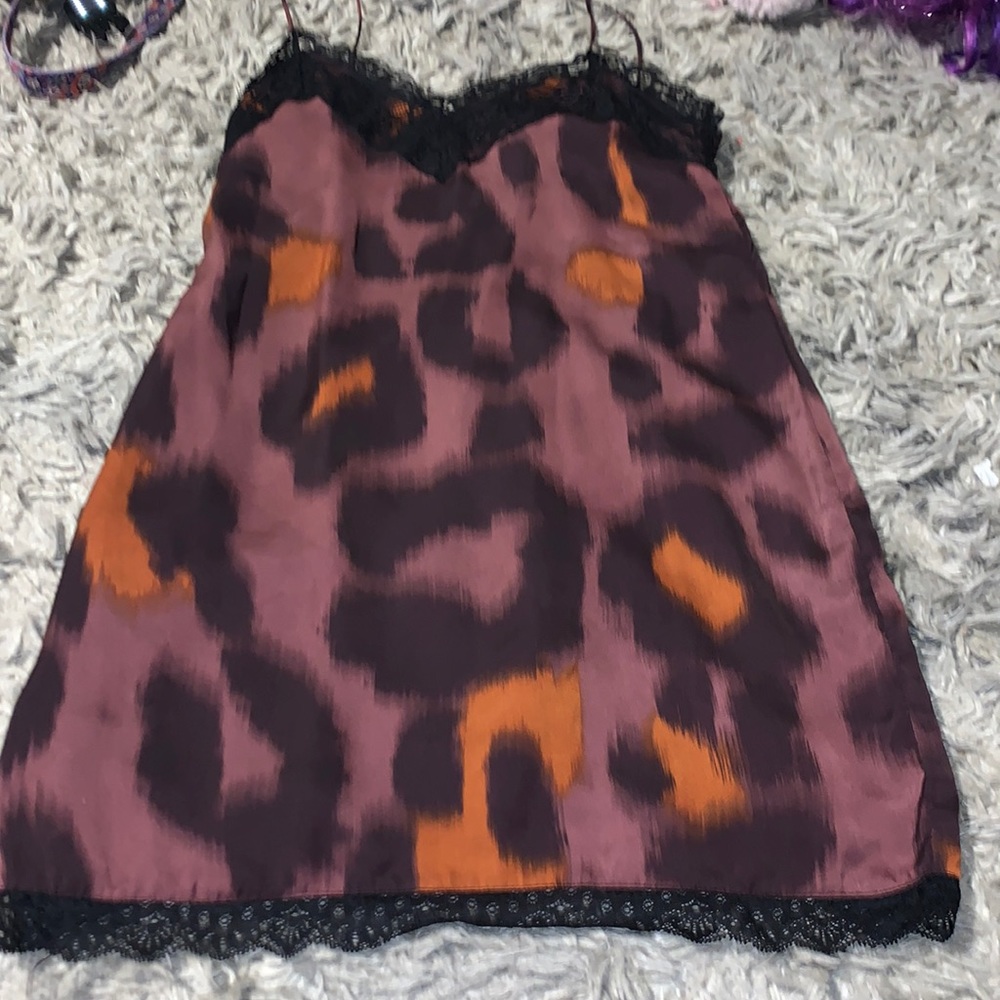 Zara Cami Slip Mini Dress Red Cheetah Pattern Black Lace Trim